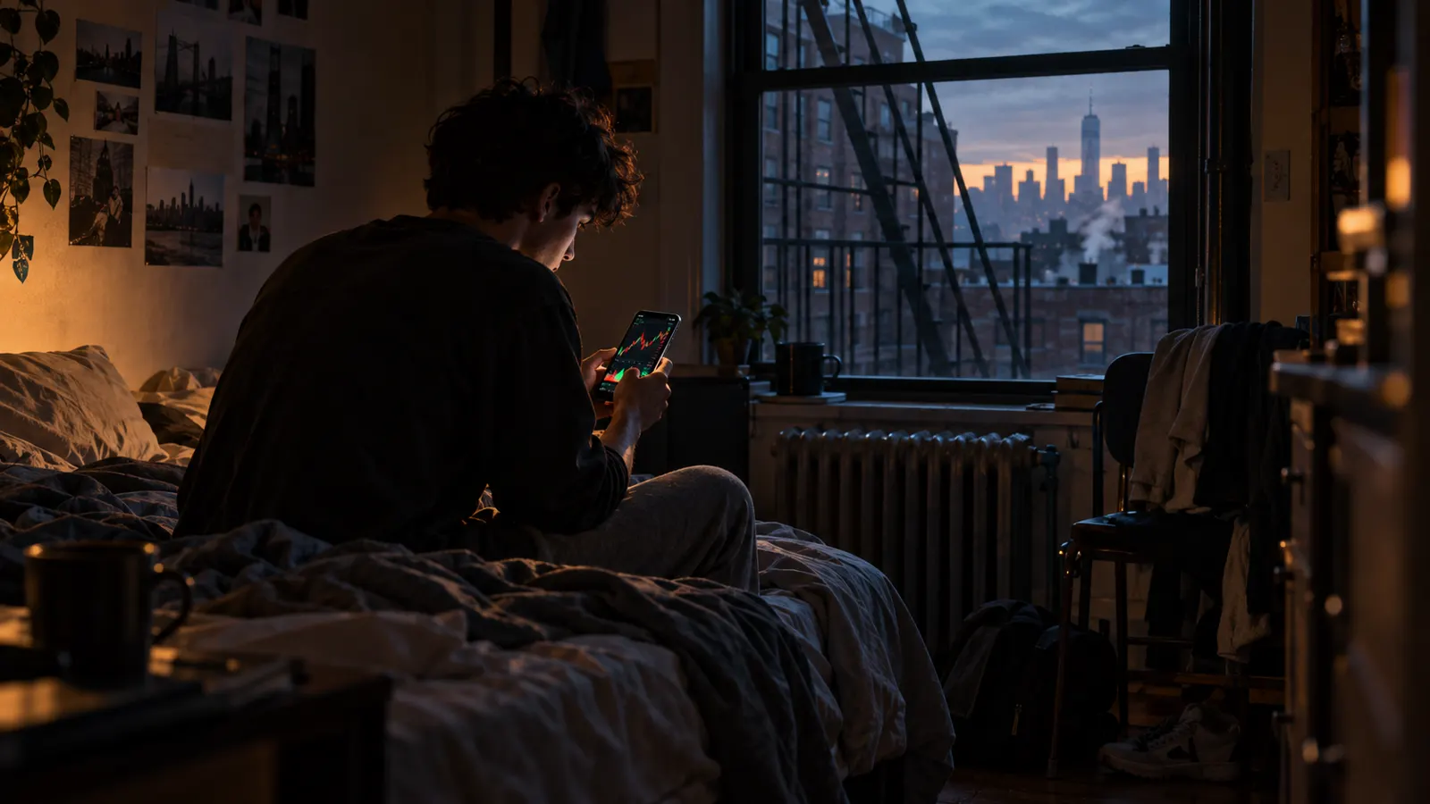 06:43 in a shared room in Brooklyn: a phone lights up with the pre-market