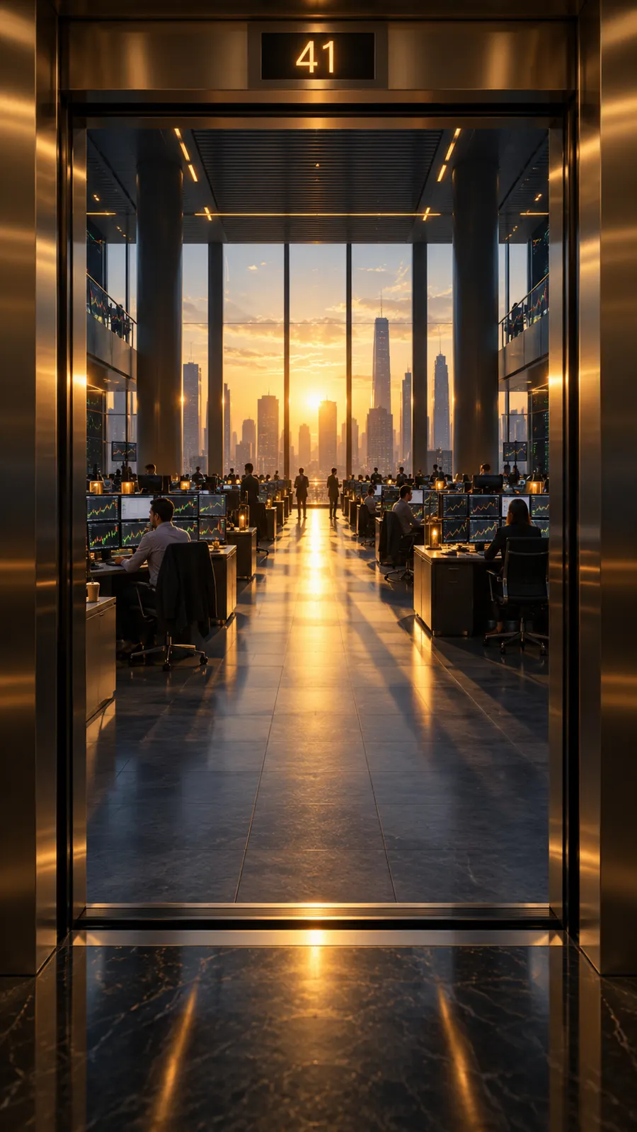 Elevator doors open on the 41st floor at sunrise